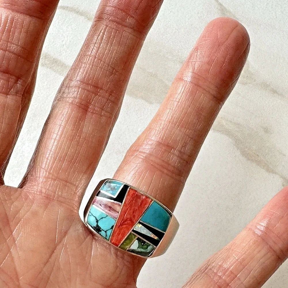 Navajo Mens Ring Sz 12‎ Multi Stone Signed Yazzie Turquoise Sterling Native Amer